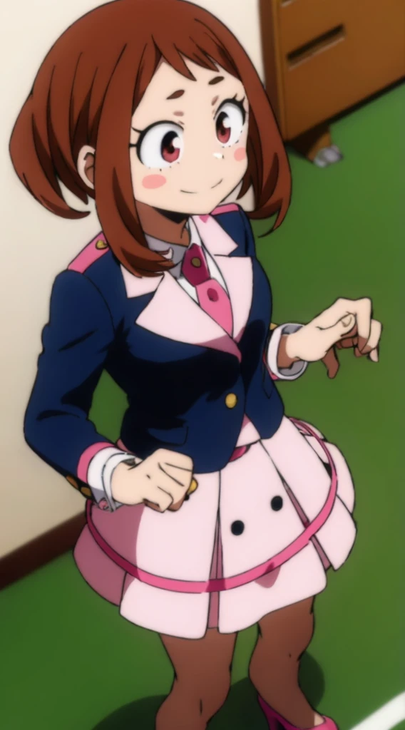 ochaco_uraraka, 1girl, solo, pink skirt suit, necktie, blush_stickers, pink pencil skirt, smile, long sleeves, white_shirt, blush, standing, indoors, office, full_body, high_heels (un bikini de color  rosa)