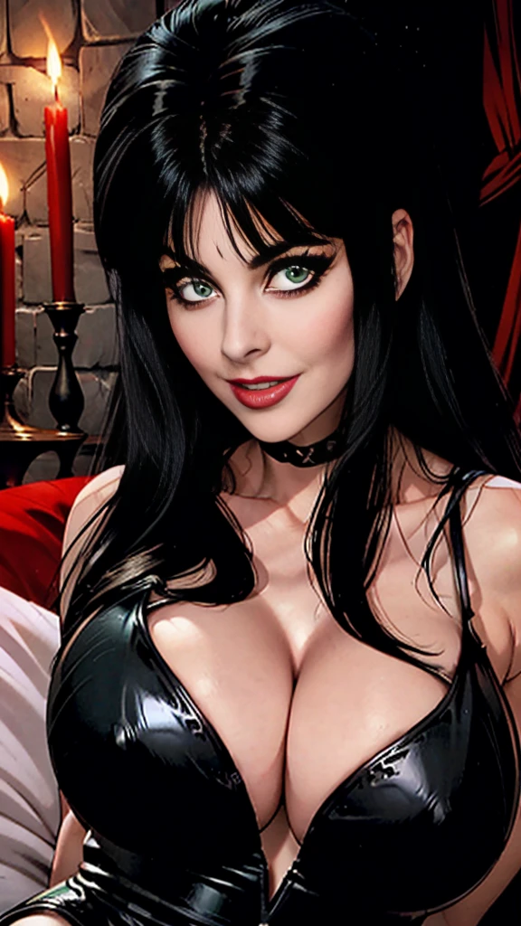 Elvira(Mistress Of The Dark),close up upper body,green eyes,long flowing black hair,big massive breasts,pokies,
black leather low cut dress,,
gazing at viewer,smile, Close up of breasts, pokies,dark candle lit castle bedroom, smile,seductive pose