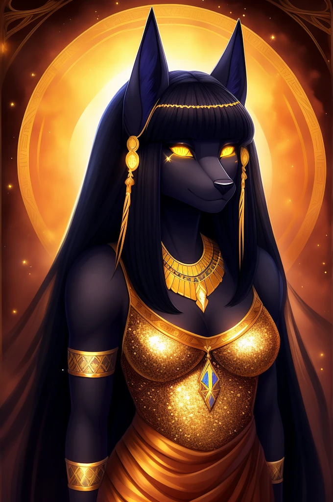 From author nnegrayfox, furry, anthro, beautiful breathtaking tall Anubis woman, very long hair with hair bangs, dark black fur, black body, glowing gold eyes, спортивная фигура, большой бюст, бедра, gold sequin dress with gold jewellery,  соблазнительная, goddess, celestial, divine, gold coins,

portrait, watercolour with ink pen outline, renaissance, comic character, elegant, 
atmospheric, hyper-detailed, 32k,