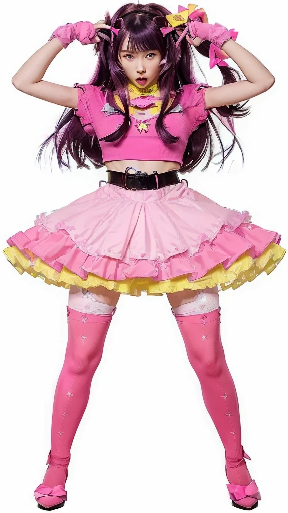 ((Ai hoshino,an anime girl with dark purple hair and light purple eyes, dressed in a striking pink and yellow outfit. She wears pink gloves, a pink bow in her hair and a headband with a yellow rabbit. Her shirt is pink with a yellow star on each side and a red heart on the chest.. She wears a black belt under a pink skirt that has multiple layers of lace with a yellow trim.. She is wearing pink stockings and high-heeled boots.. The girl is making a funny gesture with her hands, touching your head with your index and middle fingers, with a funny expression and tongue out. the background is white.))