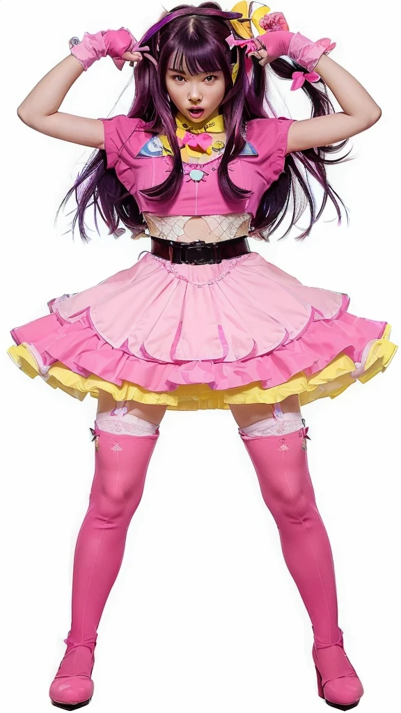 ((Ai hoshino,an anime girl with dark purple hair and light purple eyes, dressed in a striking pink and yellow outfit. She wears pink gloves, a pink bow in her hair and a headband with a yellow rabbit. Her shirt is pink with a yellow star on each side and a red heart on the chest.. She wears a black belt under a pink skirt that has multiple layers of lace with a yellow trim.. She is wearing pink stockings and high-heeled boots.. The girl is making a funny gesture with her hands, touching your head with your index and middle fingers, with a funny expression and tongue out. the background is white.))