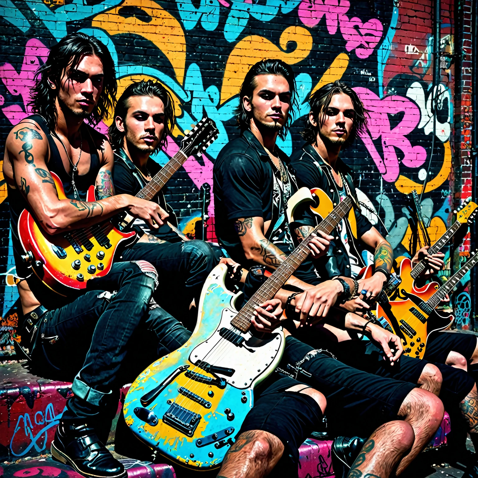 Two rockers sitting side by side, both depicted as silhouettes with no visible facial features. Both have muscular male bodies and are captured in relaxed, yet confident poses. They are seated on a worn-out, vintage sofa in a grungy urban environment. Surrounding them are scattered musical instruments like a guitar and a drum set, with neon lights casting a moody glow over the scene. The background features graffiti-covered walls and old concert posters, adding to the gritty, rock-and-roll vibe. The lighting is atmospheric, with a mix of shadows and vibrant neon colors. The scene is highly detailed and photorealistic, with an 8k resolution and an award-winning digital art style.