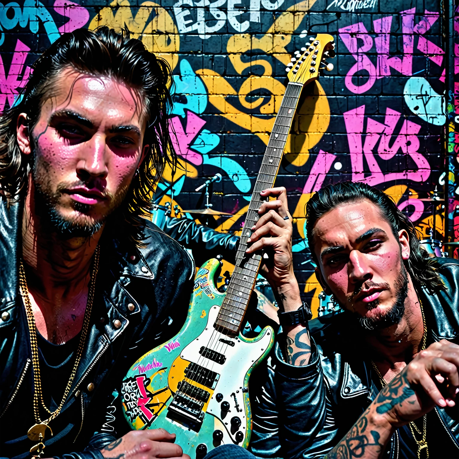 Two rockers sitting side by side, both depicted as silhouettes with no visible facial features. Both have muscular male bodies and are captured in relaxed, yet confident poses. They are seated on a worn-out, vintage sofa in a grungy urban environment. Surrounding them are scattered musical instruments like a guitar and a drum set, with neon lights casting a moody glow over the scene. The background features graffiti-covered walls and old concert posters, adding to the gritty, rock-and-roll vibe. The lighting is atmospheric, with a mix of shadows and vibrant neon colors. The scene is highly detailed and photorealistic, with an 8k resolution and an award-winning digital art style.