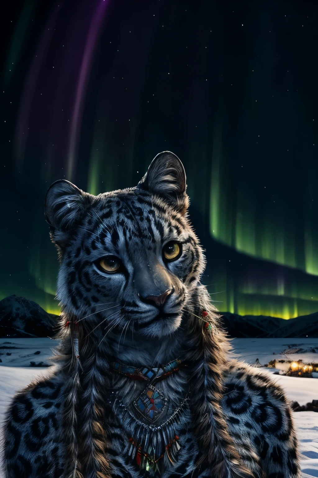 Snow Leopard, Humanity, furry, woman, woman, fur, detailed fur masterpiece, Highest quality, Digital Art, (Realistic:0.3), comics, Fine Lines, High resolution, Visually stunning (Detailed lighting, Depth of written boundary:0.9), Detailed Color, Vibrant colors, perfect hands, Fine hand (beautiful, cute, fluffy:1.2), Detailed body,One girl,Standing on the snow,whole body,smile,nature, Tribal accessories, Tribal costume, Colorful aurora borealis,Night