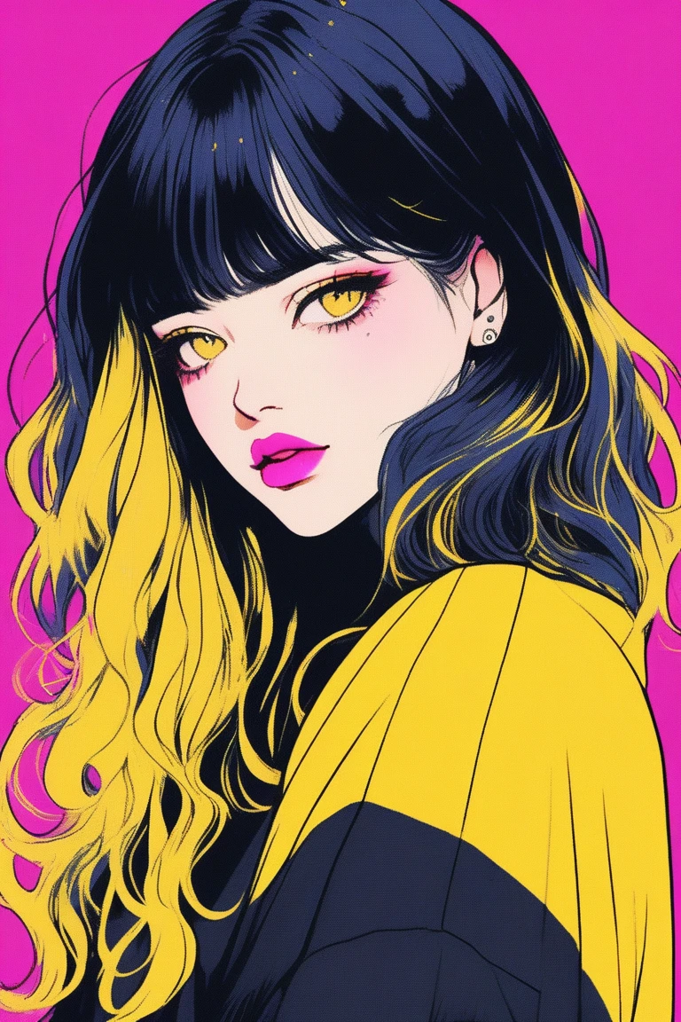 (best quality, sketch:1.2),realistic,illustrator,anime,1 girl, detailed lips, sweater, custom, yellow gradient background, neon hair, blunt bangs, wavy long hair, textured cropping, masterpiece, style retro classic, noir dark 