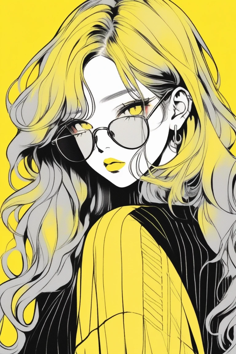 (best quality, sketch:1.2),realistic,illustrator,anime,1 girl, detailed lips, sweater, custom, yellow gradient background, neon hair, blunt bangs, wavy long hair, textured cropping, masterpiece, style retro classic, noir dark