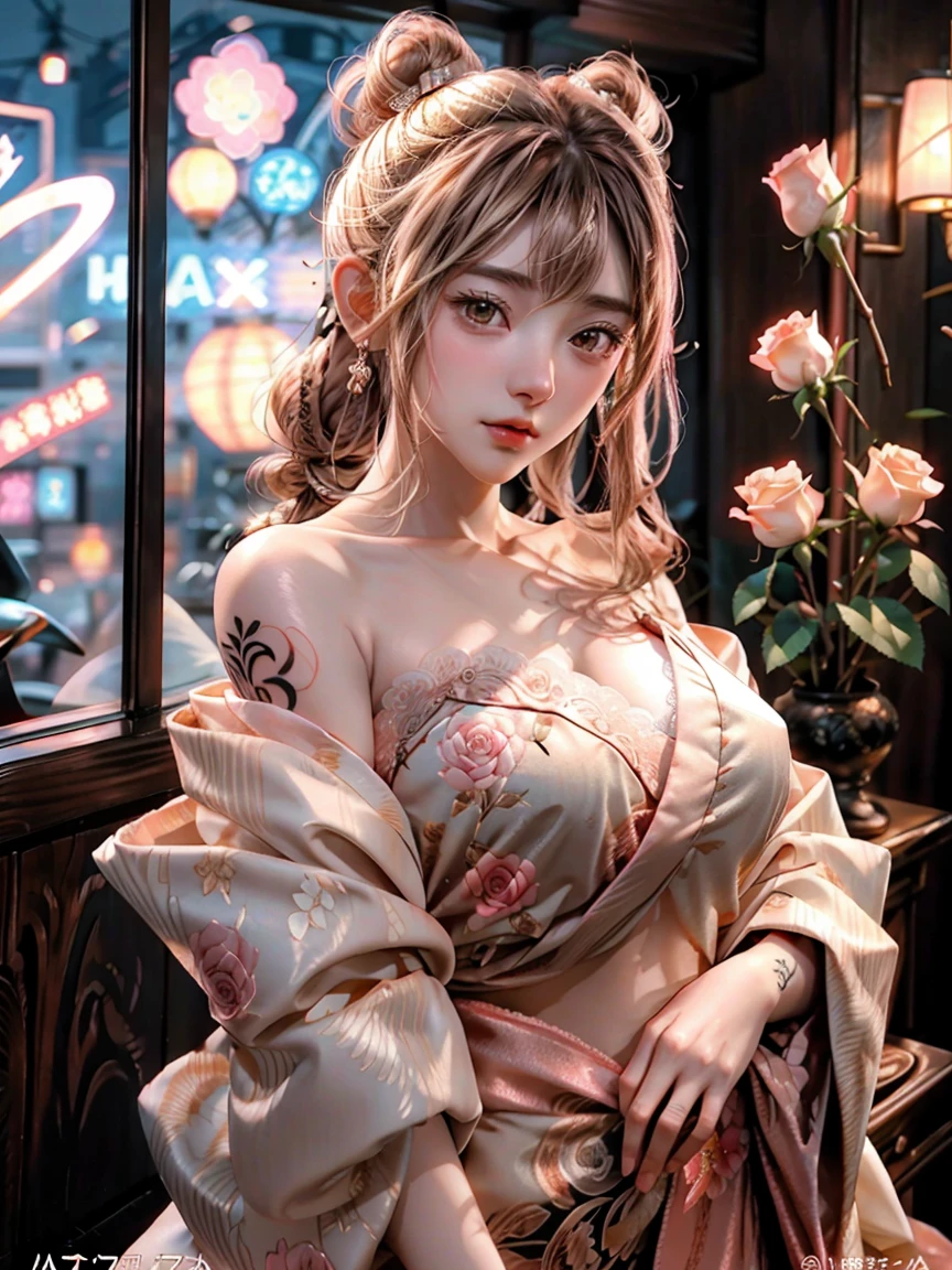 Georgeous, Beautiful, Cutes, Baby Face, 20 Years Old, White Skin, Sleeveless, Cleavage, Large Breast, Large Chests, ((Rose Gold Coloured)) Off Shoulder Japanese Kimono, Lace Kimono, Embroidery Kimono, Muscles, Athletic, Girly, Japanese Vintage Background, Twintails, Hair with Bangs, Open Mouth, Masterpiece, Adorable, Beautiful Large Eye, Dramatic Vintage Lighting, (Yakuza Tattoo), ((Tattooed:1.1)), HDR, Fish Gape Selfie