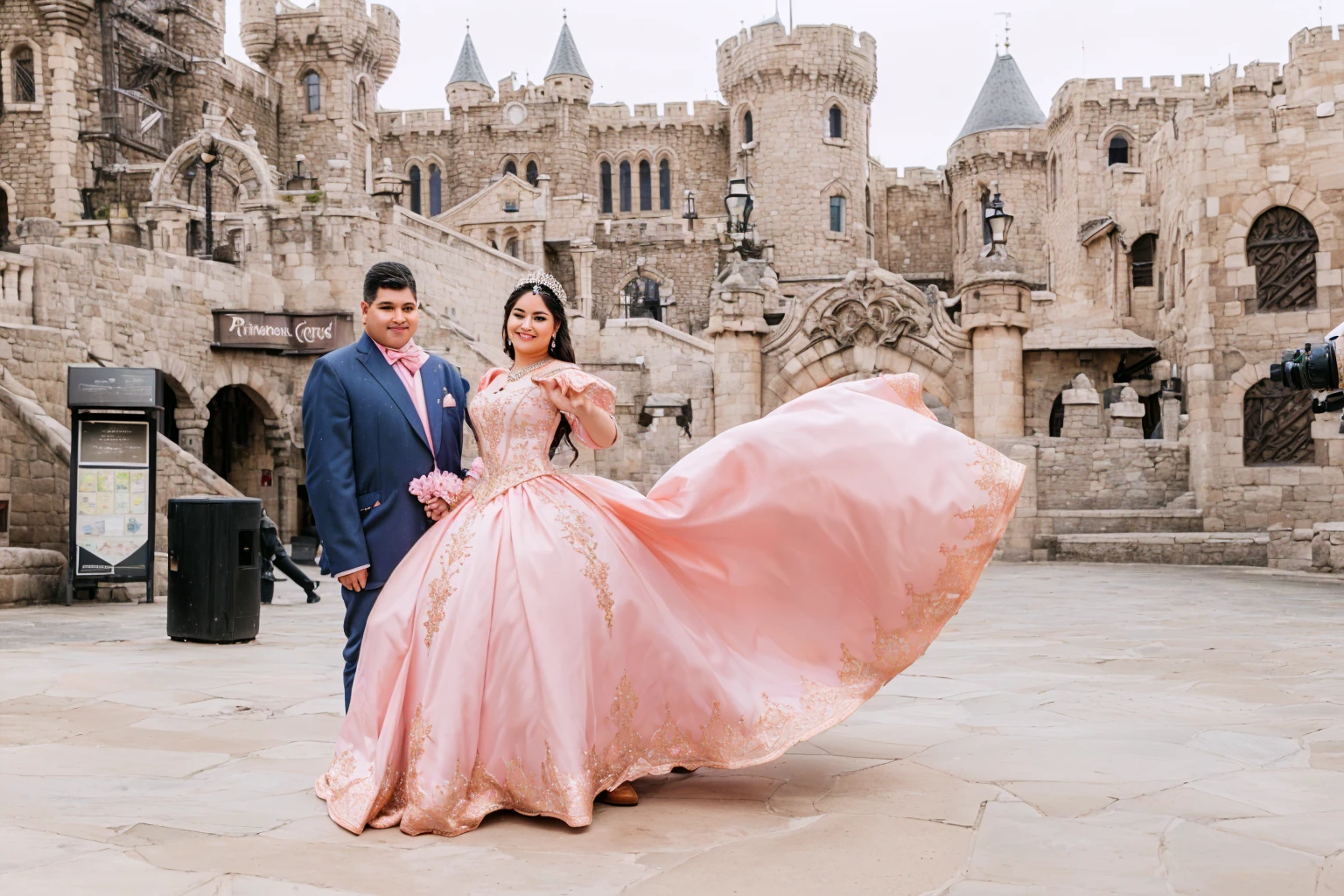 There are a man and a woman standing in front of a castle, Wearing a pink ballroom dress, photo taken with nikon d750, photo tomada with nikon d 7 5 0, princess in closeup, by Randy Gallegos, Standing next to the Royal Castle!!!, regal pose, royal dress, raised, profusely dressed, pose 1 of 1 6