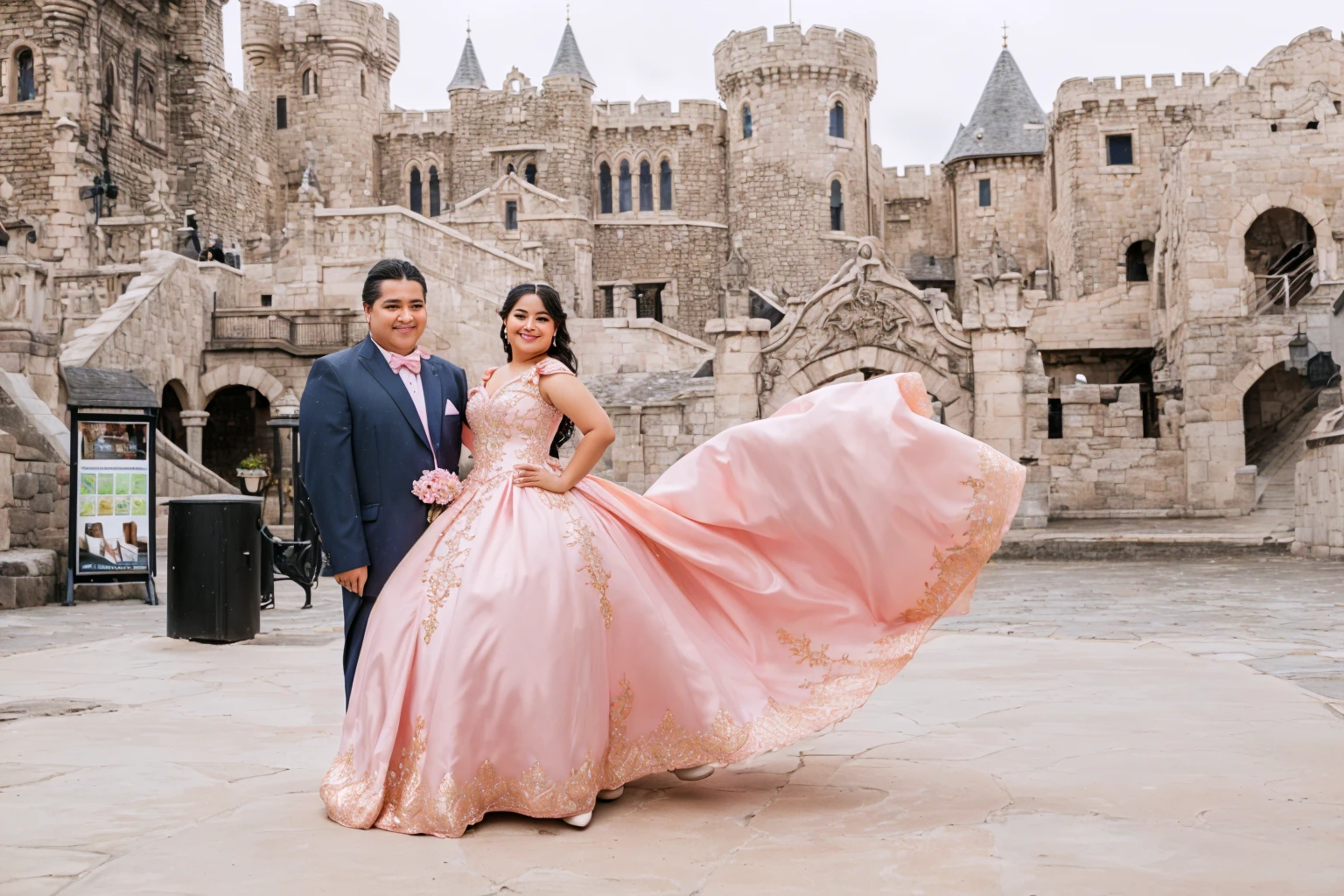There are a man and a woman standing in front of a castle, Wearing a pink ballroom dress, photo taken with nikon d750, photo tomada with nikon d 7 5 0, princess in closeup, by Randy Gallegos, Standing next to the Royal Castle!!!, regal pose, royal dress, raised, profusely dressed, pose 1 of 1 6 8k