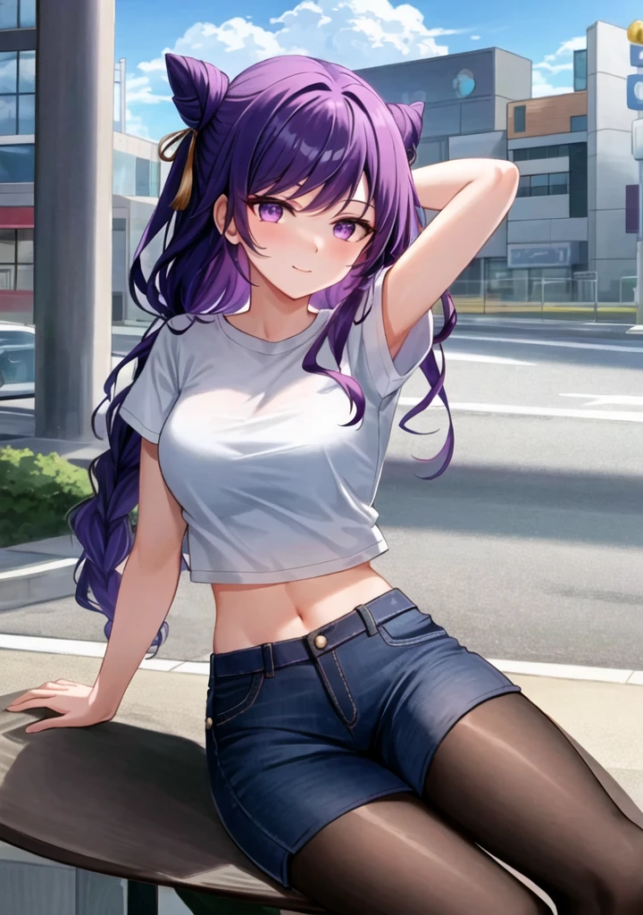 (masterpiece, best quality, ultra-detailed), keqing \(genshin impact\), (purple hair), cone hair bun, twin tails, long hair, swept bangs, braid, braided bangs, purple eyes, pink eyes,
(wearing a t-shirt:1.2), sitting on a chair outside of caf, embracing the natural beauty, sunlight, beautiful cloudy sky, city, street, denim shorts, black stocking,
medium breasts, thick thighs, critical angle, cowboy shot, arm behind head, arm behind back, armpits, light smile, crop top, strong and seductive expressions,,