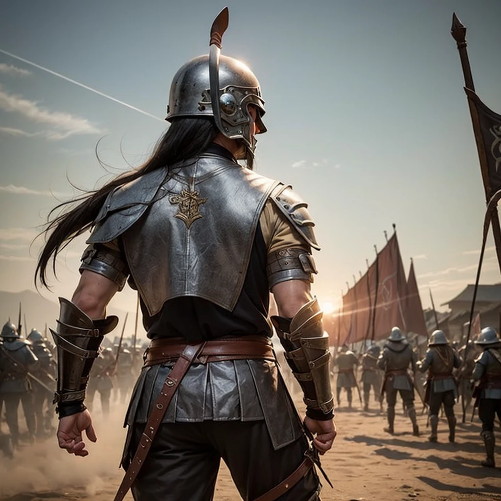 Create a scenario with a great warrior at the front and 300 warriors at the rear, the warrior&#39;his face has to be one of revenge, a strong and fearless man, fighting a philistine giant 