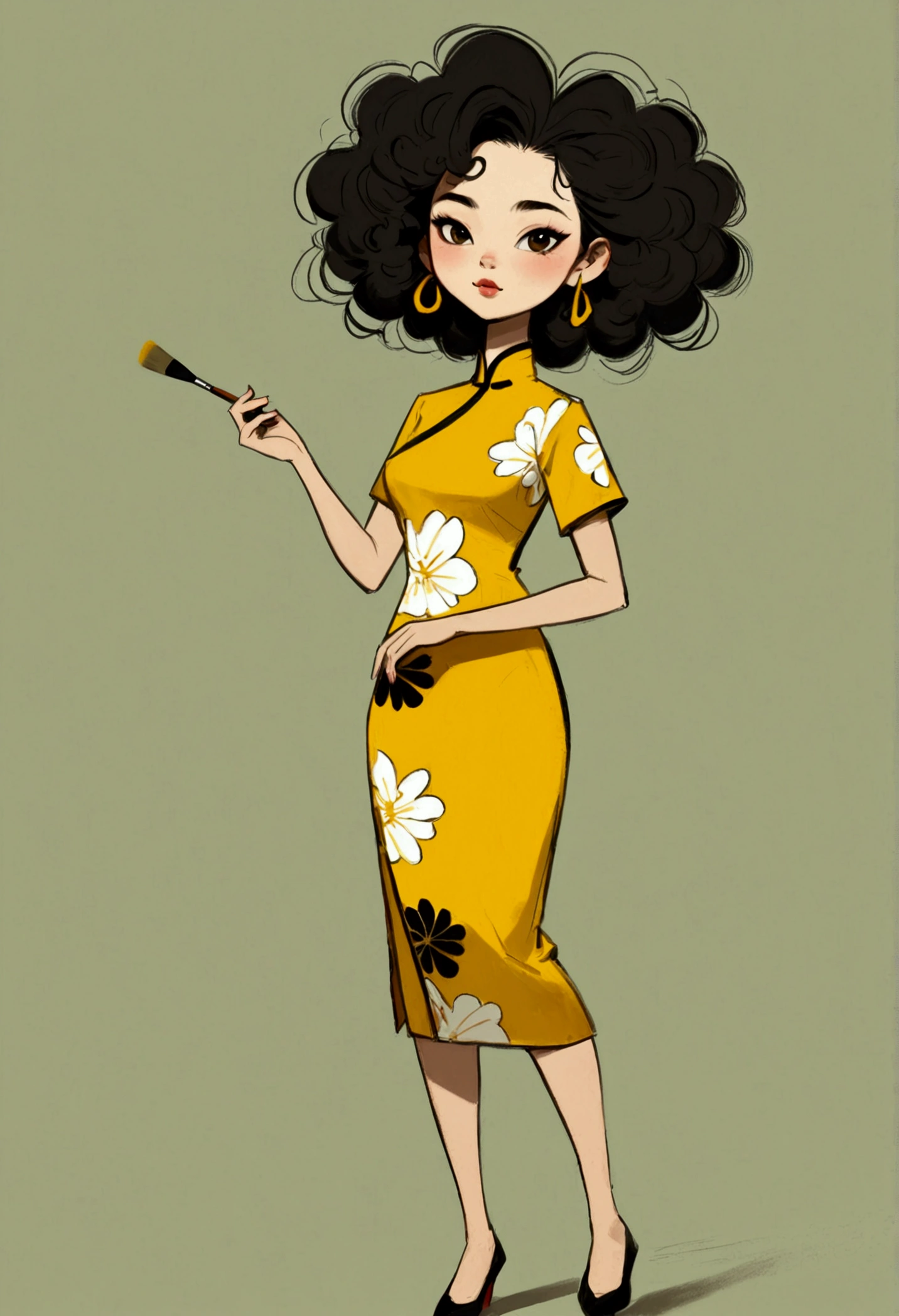 (((Exaggerated digital character sketches:1.37))).(1 Girl，Face paint，cheongsam，Solitary，Fluffy curly hair，(Exaggerated expression,)，(Black sketch lines，Loose brushstrokes create the outline，Cartoon Style. Bright colors and simplified lines, sketch)。(Exaggerated body movements，holding a paintbrush in his hand),(Large area of blank）
