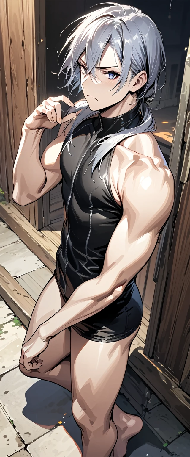 absurdres, highres, ultra detailed, super fine illustration, best quality, 1boy, perfect anatomy, male focus, solo, (dark-skinned:0.8) male, silver hair, long hair, black bikini, bare shoulders, bare arms, bare legs, &lt;lora:_L2090:-0.6&gt; &lt;lora:flat:-0.2&gt;