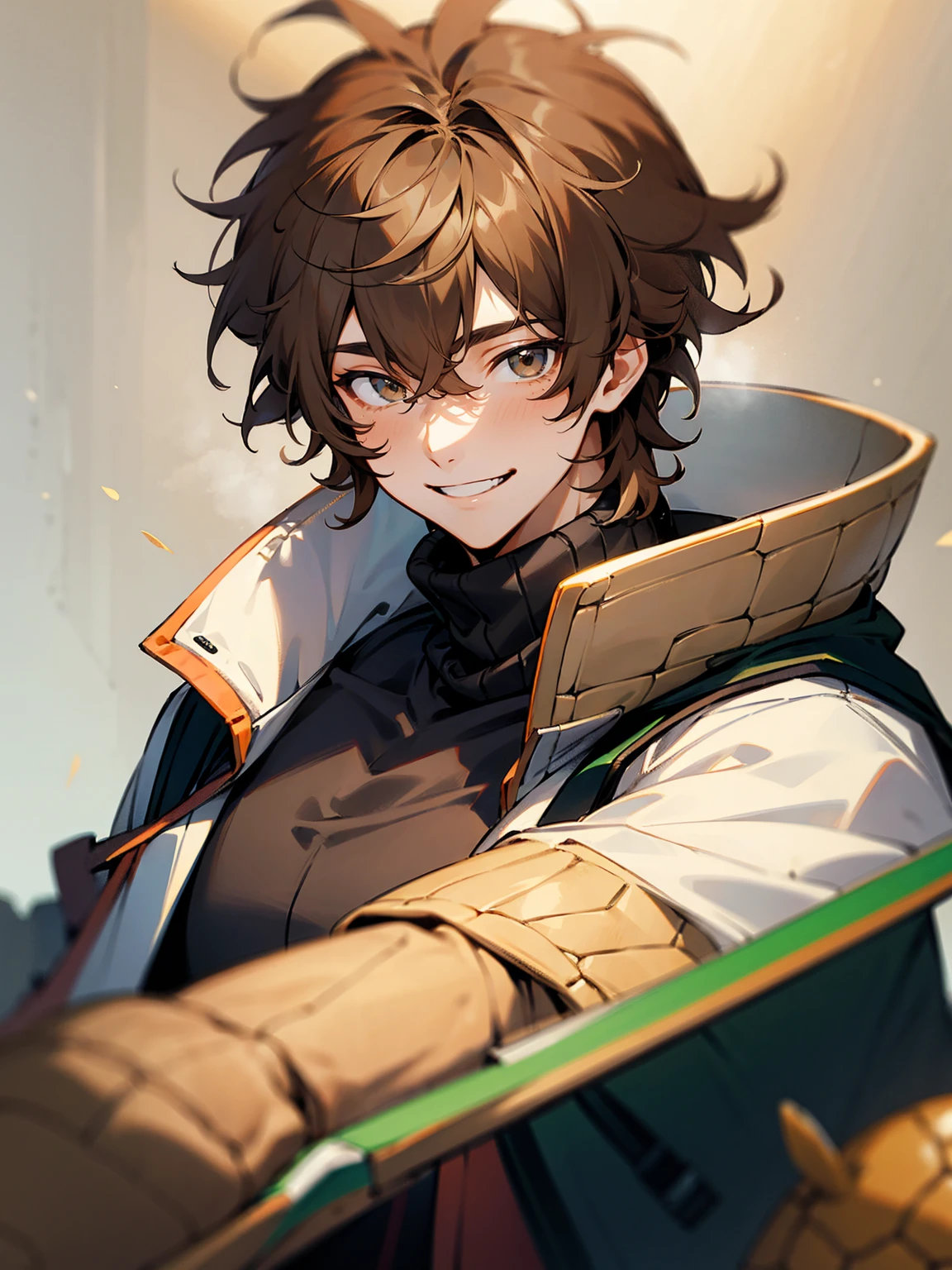 1male, light brown hair, messy hair, turtle neck varsity jacket, smile