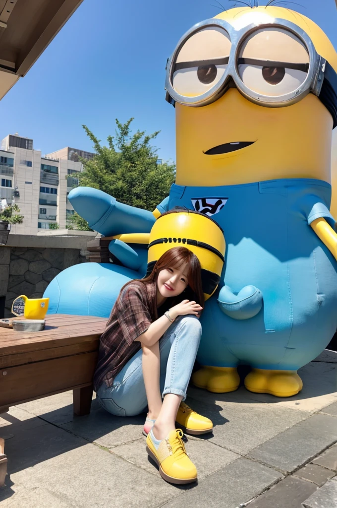 Jang nara south korean singer sitting relaxed with a giant minion statue, the atmosphere of a magnificent minion palace