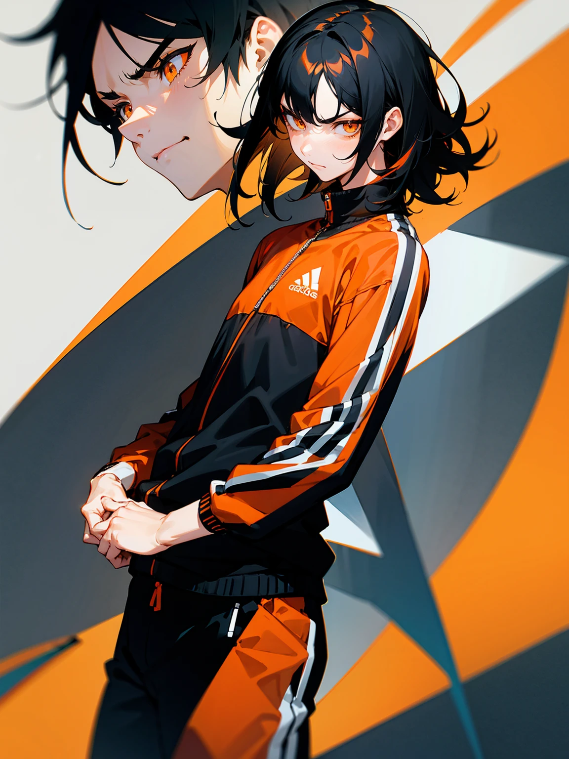 1male, black hair, straight hair, medium hair, orange eyes, black adidas track suit, Serious