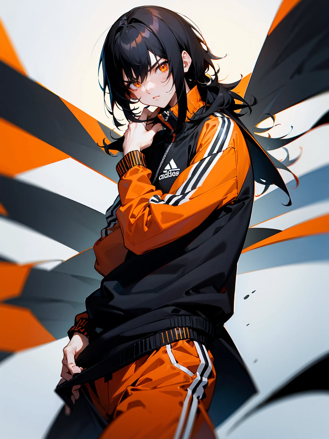 1male, black hair, straight hair, medium hair, orange eyes, black adidas track suit, Serious