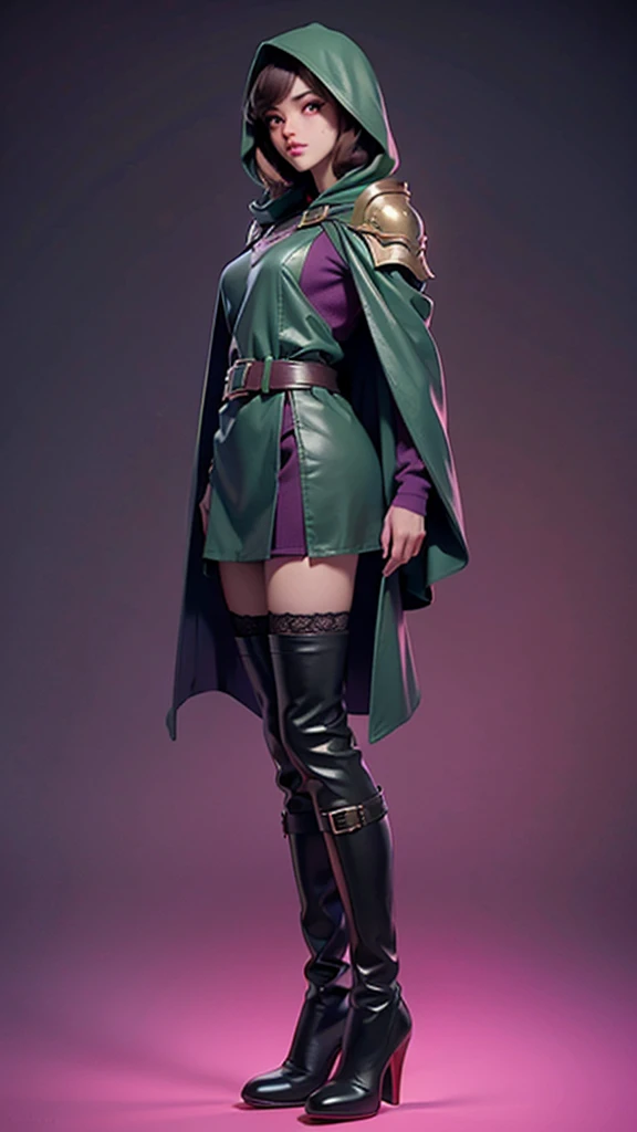 one girl, solo, full body, medieval, dark green cloak, dark green hood, dark brown high boots, shiny blured grey background, gradient sprayed background, front view, gradient red purple background, blured background, glowing edges of image, masterpiece, highly detailed, look at viewer, belts, shoulder-belts