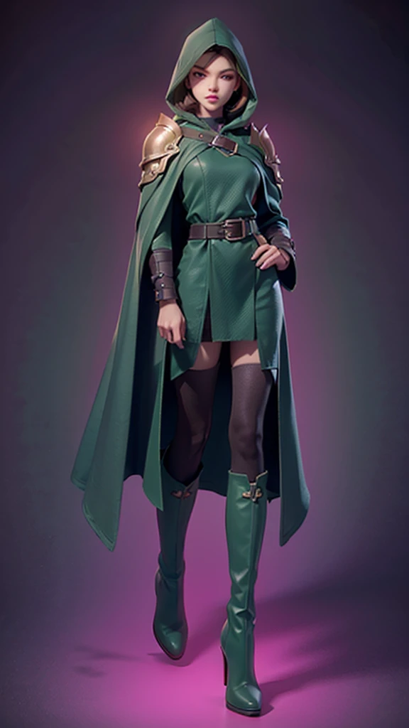 one girl, solo, full body, medieval, dark green cloak, dark green hood, dark brown high boots, shiny blured grey background, gradient sprayed background, front view, gradient red purple background, blured background, glowing edges of image, masterpiece, highly detailed, look at viewer, belts, shoulder-belts