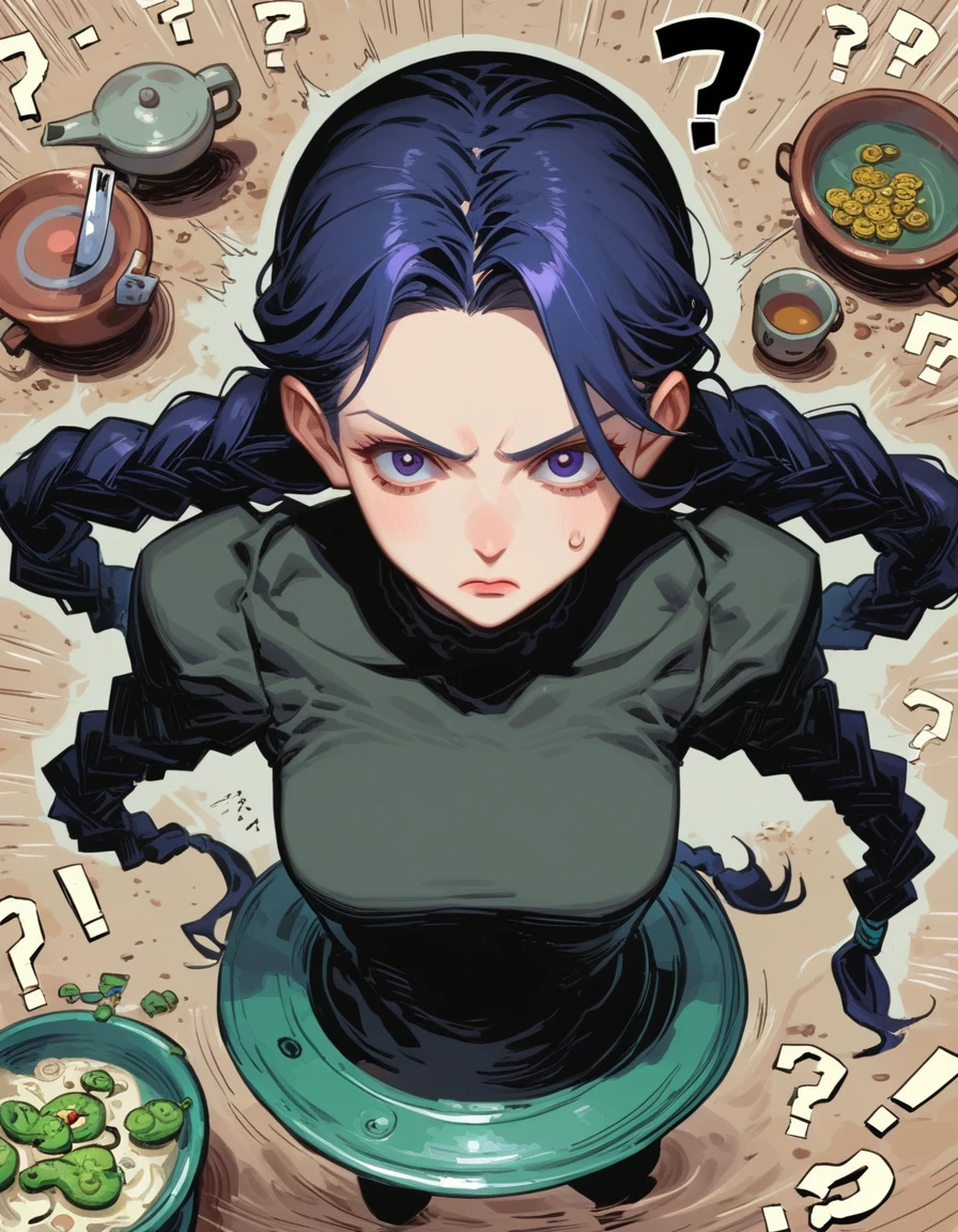 punctuation_9, punctuation_8_High above, punctuation_7_High above, 1 girl, Bayonet Bayonet, cups, very long hair, twin braids, black costume, looking ahead at viewer, action pose, cowboy shot,Kale,exposed private parts