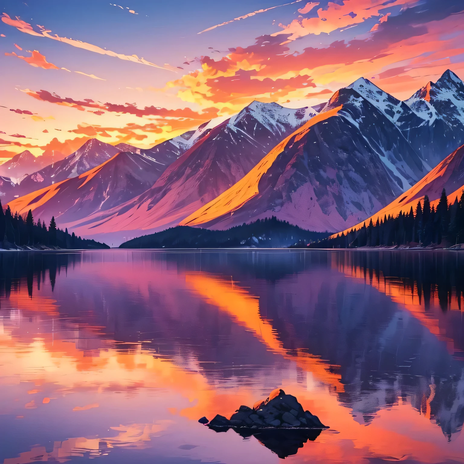 A breathtaking sunset over a serene lake nestled among majestic mountains. The sky is ablaze with vibrant hues of orange, pink, and purple, casting a magical glow on the still water. The silhouette of the mountains against the colorful sky creates a dramatic and awe-inspiring scene.