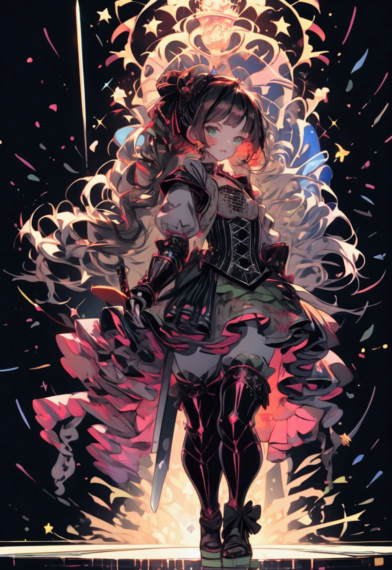 nsfw, masterpiece, best quality, ultra detailed, 15 years old, a girl, swordsman, long sword in hand, covered in wounds, {bloodstained}, {bandages}, gothic Lolita fashion , twin-tailed green and black hair, {tattered clothes}, medieval European battlefield, running, in battle, sprint, with a castle, surrounded by stars and a meteor shower, at night ,afterimage, full body, symmetrical structure of top and bottom