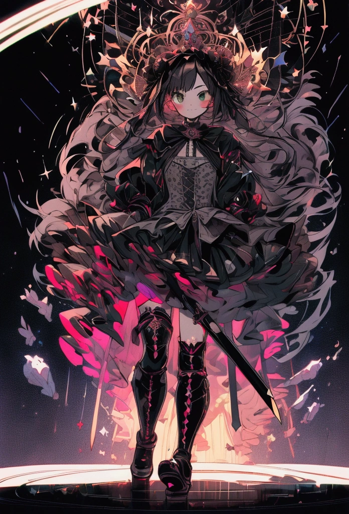 nsfw, masterpiece, best quality, ultra detailed, 15 years old, a girl, swordsman, long sword in hand, covered in wounds, {bloodstained}, {bandages}, gothic Lolita fashion , twin-tailed green and black hair, {tattered clothes}, medieval European battlefield, running, in battle, sprint, with a castle, surrounded by stars and a meteor shower, at night ,afterimage, full body, symmetrical structure of top and bottom