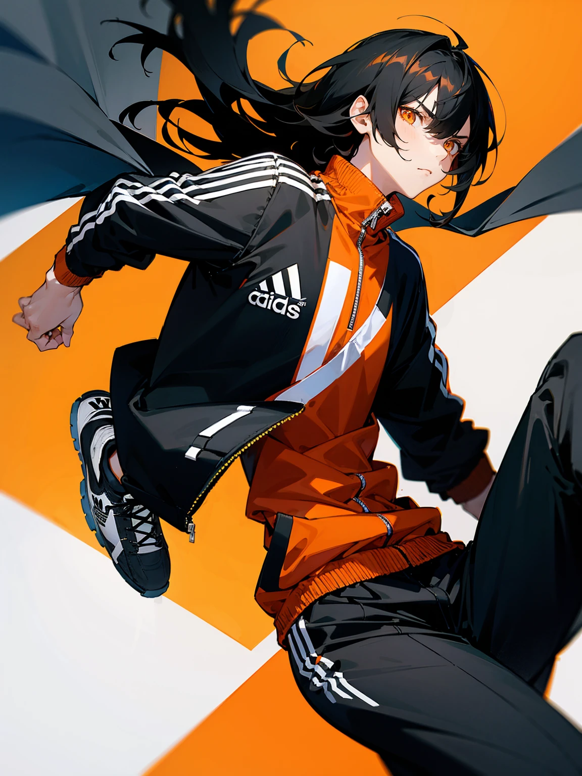 1male, black hair, straight hair, medium hair, orange eyes, black adidas track suit, Serious