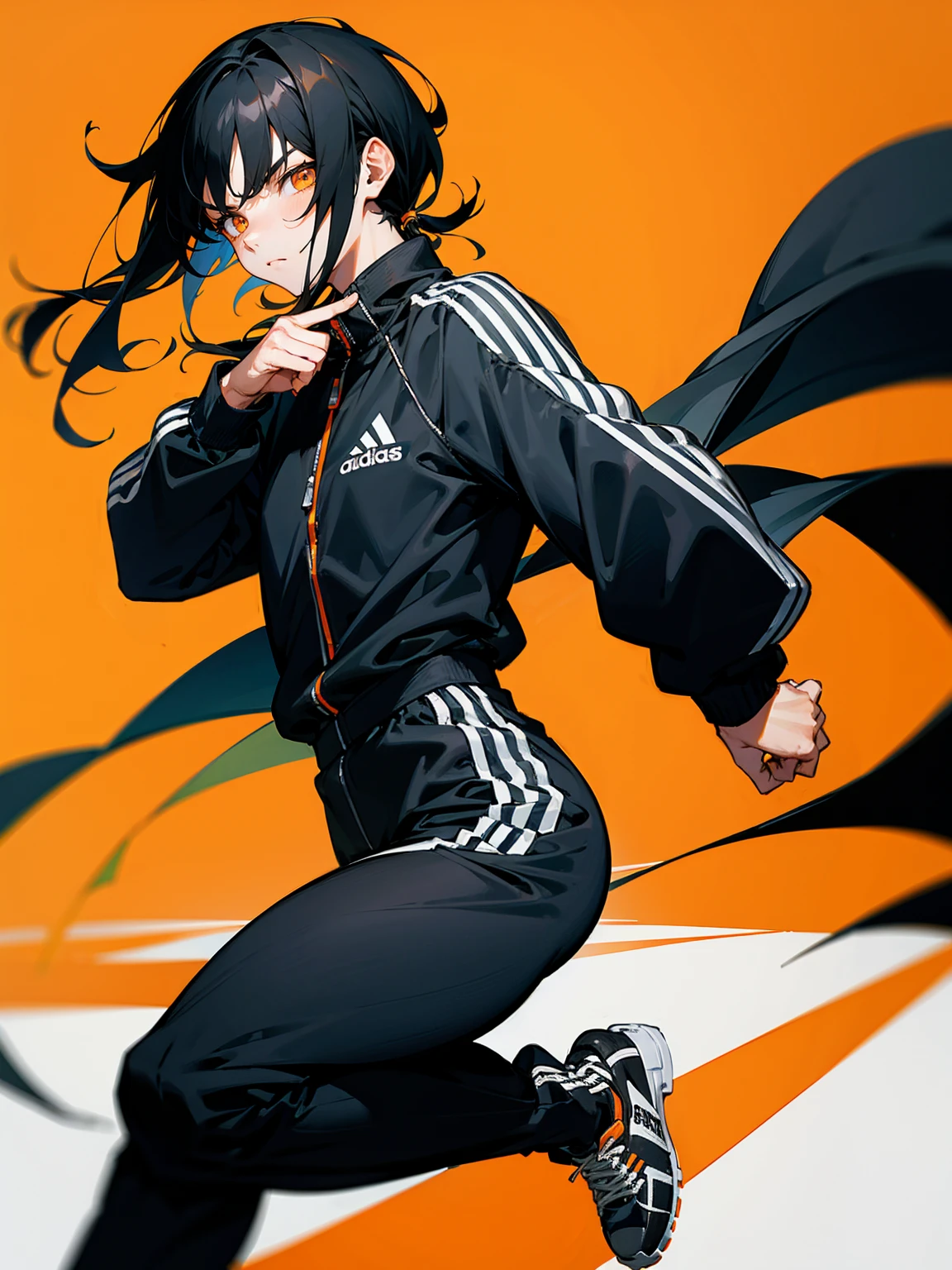 1male, black hair, straight hair, medium hair, orange eyes, black adidas track suit, Serious