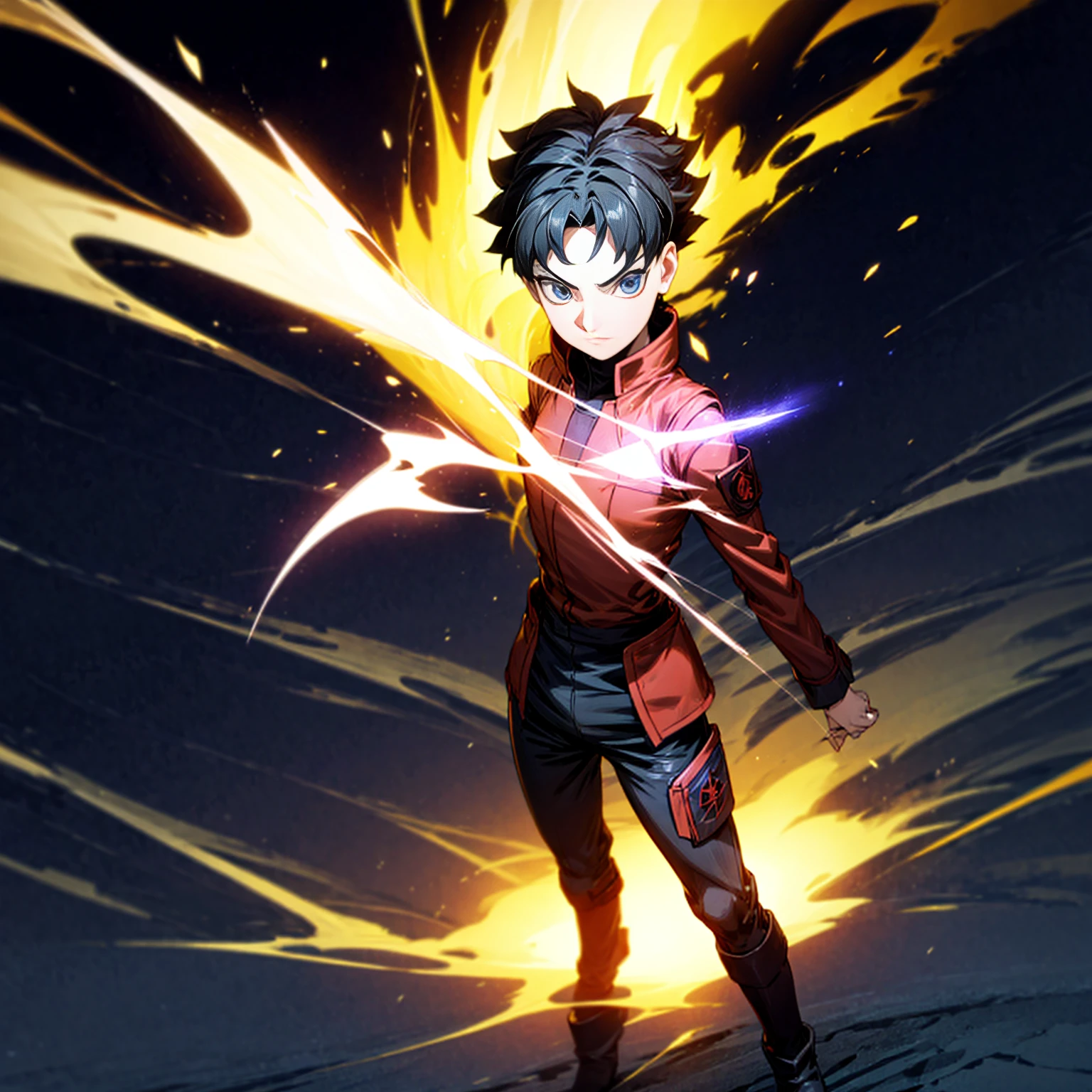 1boy, Full body version, 1character, blue eyes, short haircut, black color hair, soldier style outfit, ban captain, boots, Grassroots, full background in fire tornado, motion blur, (Hunter x Hunter style art), standing gesture, big fire on hand, lighting fire in hand, smoke effect, aura effect, hologram, plasma effect, blood on hand, lighting effect, high angle view 