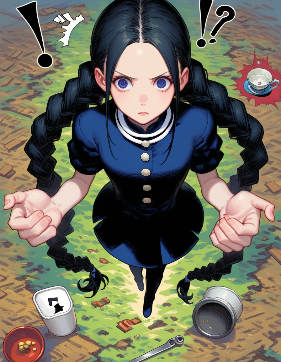 punctuation_9, punctuation_8_High above, punctuation_7_High above, 1 girl, Bayonet Bayonet, cups, very long hair, twin braids, black costume, looking ahead at viewer, action pose, cowboy shot,Kale,exposed private parts 