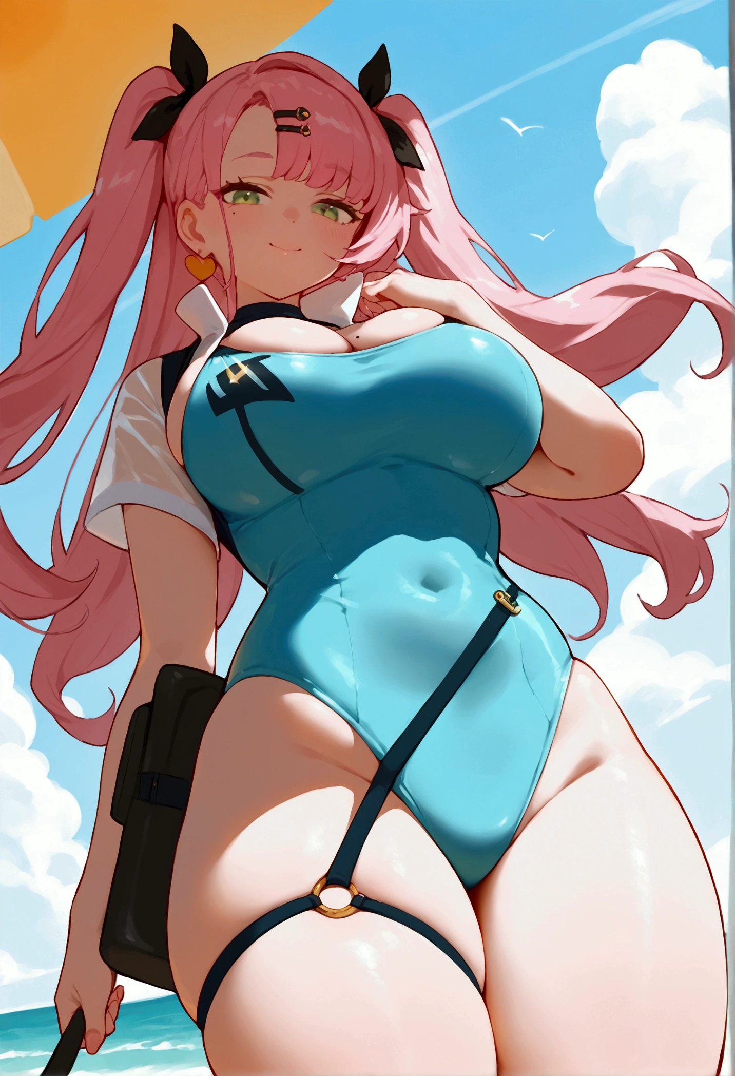 score_9, score_8_up, score_7_up, source_anime, looking at viewer, looking down, cowboy shot, Ncle, green eyes, pink hair, long hair, two side up, hair ribbon, hairclip, mole under eye, earrings, jewelry, swimsuit, bikini, one-piece swimsuit, blue one-piece swimsuit, zipper pull tab, large breasts, thick thighs, skindentation, smile, ocean, beach, sunlight, outdoors, Big breasts