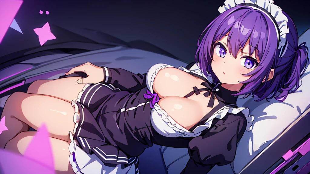 1 girl , short purple hair, cute eyes, wearing maid uniform , black and white maid uniform, normal size chest , high res, ultrasharp, 8K, masterpiece, looking at viewer