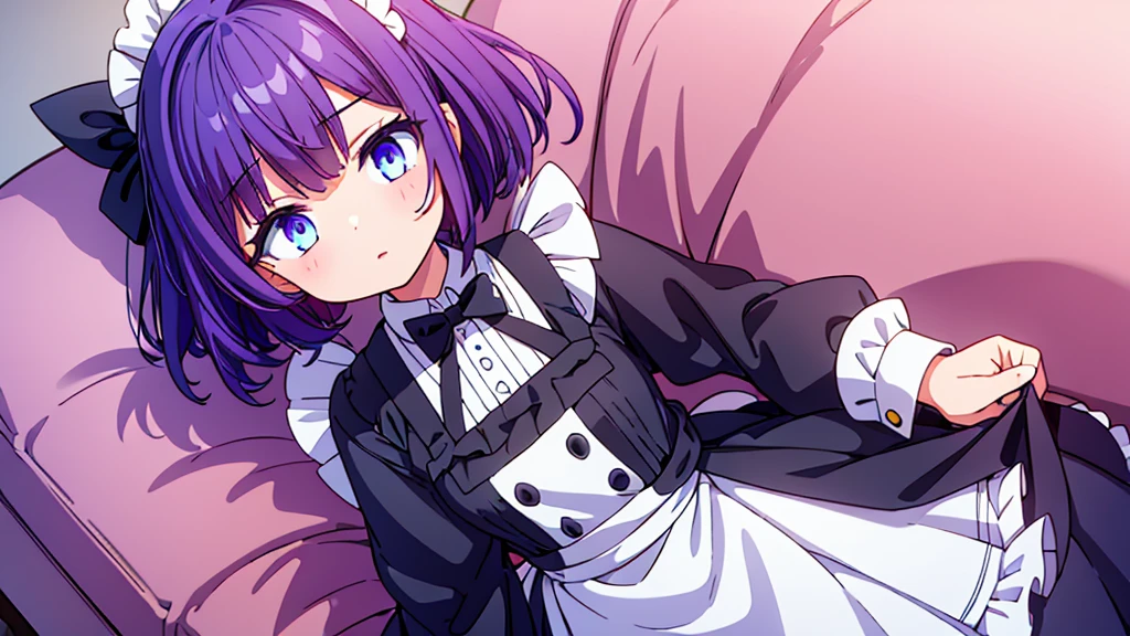 1 girl , short purple hair, cute eyes, wearing maid uniform , black and white maid uniform, smiling , , high res, ultrasharp, 8K, masterpiece, looking at viewer
