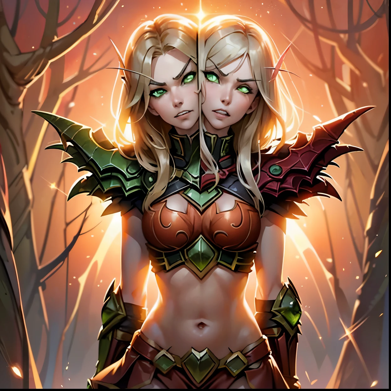 (1girl, long hair, spiral eyes, angry ,clenched teeth) (digital) (Upper Body) (Looking at viewer) (standing), (Light Orange Sparkling Forest background), (short skirt)) , best quality, blonde hair, green eyes, glowing, armor, red armor, gold trim, Abdomen, navel, bloodelf, two heads, conjoined_dicephalus, 