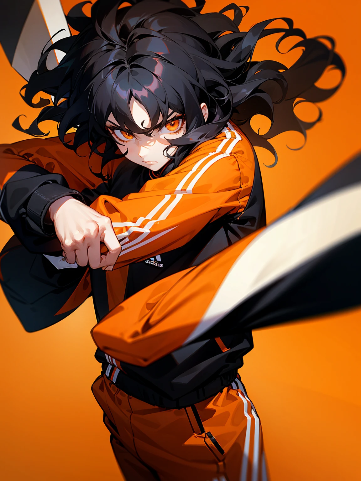 1male, black hair, wavy hair, medium hair, orange eyes, black adidas track suit, Serious