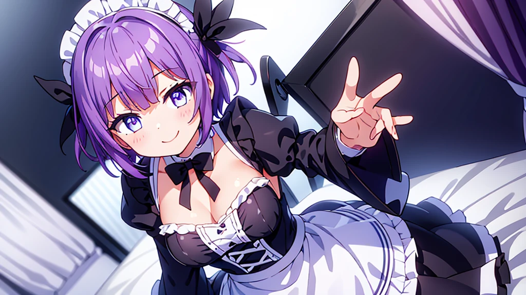 1 girl , short purple hair, cute eyes, wearing maid uniform , black and white maid uniform, smiling , normal size chest , high res, ultrasharp, 8K, masterpiece, looking at viewer