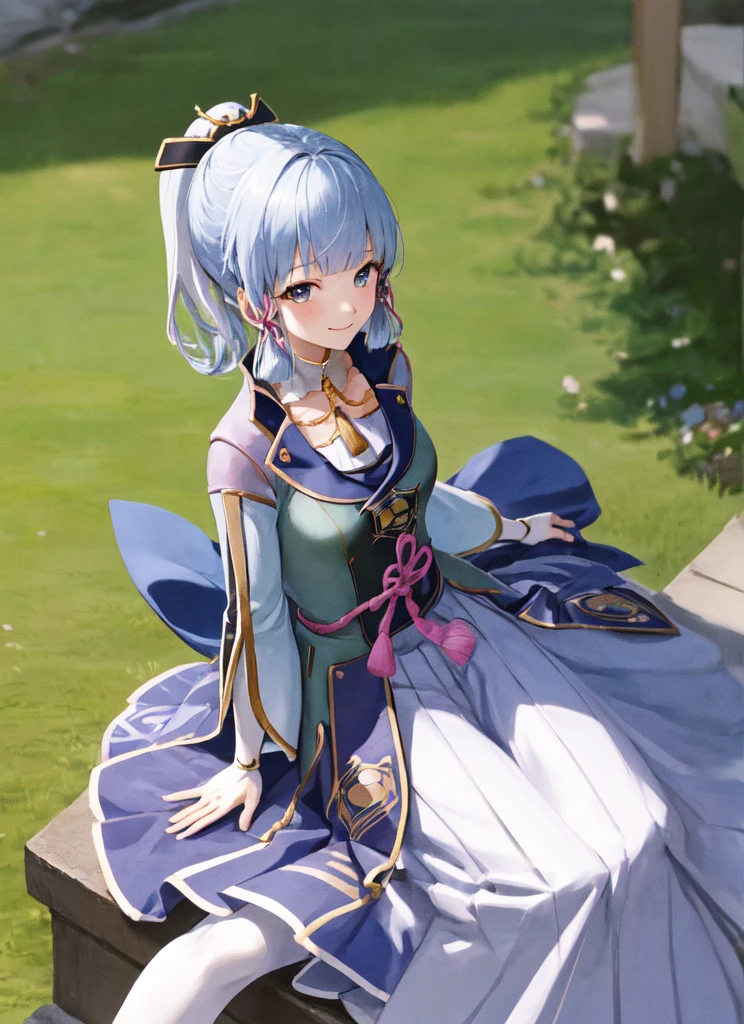 Sayaka Kamisato Def, whole body, Sitting, smile, blush, Outdoor, Day, Simple Background, blue null, short hair, null, View your viewers, Sitting on stairs, high resolution、beautiful