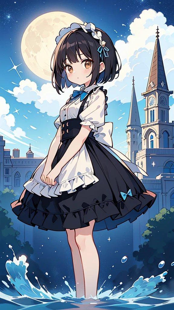 Seven-doppelganger shot，Anime style 4K,High quality anime art style，Standing painting，Splash ink background，Blue Themes、Pure white background,Buildings,Face close-up,Buildings,Moon and sun、Shining Star々,milky way,Bright Sky,Looking at me,Facing forward,Clear eyes and nose,cute,beautiful,Thin legs,Standing by the water,black hair, brown eyes, girl, bob, front, whole body,cute,Blue Background,Shortcuts,Lolita Fashion,Short Bob,Black Hair,Brown Hair