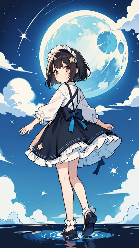 Seven-doppelganger shot,Anime style 4K,High quality anime art style,Standing painting,Splash ink background,Blue Themes、Pure white background,Buildings,Face close-up,Buildings,Moon and sun、Shining Star々,milky way,Bright Sky,Looking at me,Facing forward,Clear eyes and nose,cute,beautiful,Thin legs,Standing by the water,black hair, brown eyes, girl, bob, front, whole body,cute,Blue Background,Shortcuts,Lolita Fashion,Short Bob,Black Hair,Brown Hair