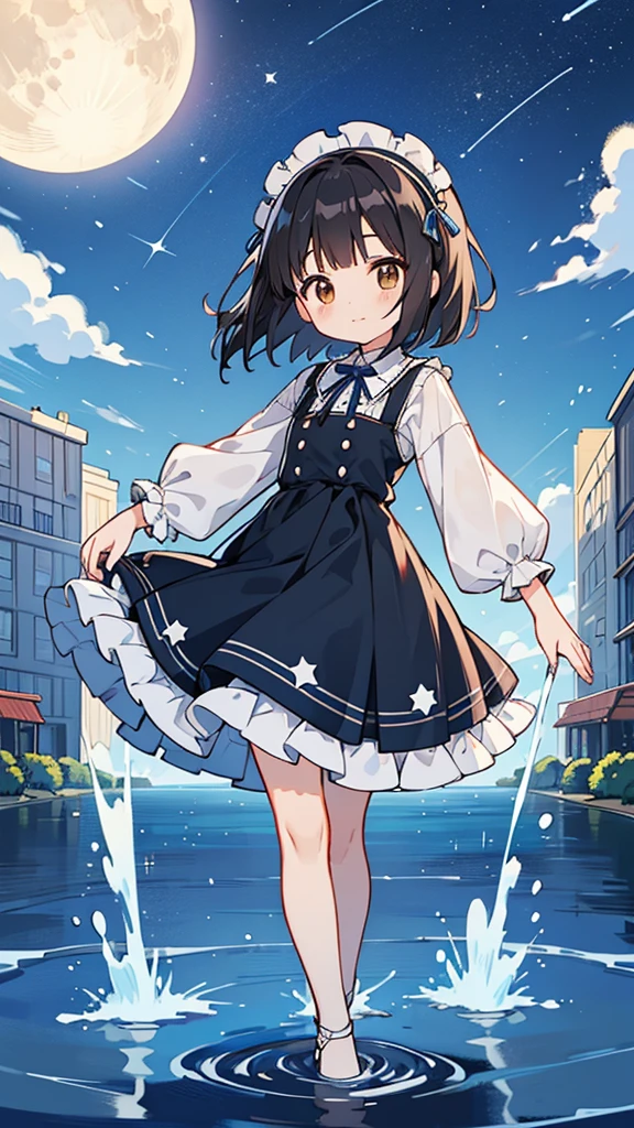 Seven-doppelganger shot，Anime style 4K,High quality anime art style，Standing painting，Splash ink background，Blue Themes、Pure white background,Buildings,Face close-up,Buildings,Moon and sun、Shining Star々,milky way,Bright Sky,Looking at me,Facing forward,Clear eyes and nose,cute,beautiful,Thin legs,Standing by the water,black hair, brown eyes, girl, bob, front, whole body,cute,Blue Background,Shortcuts,ta Fashion,Short Bob,Black Hair,Brown Hair