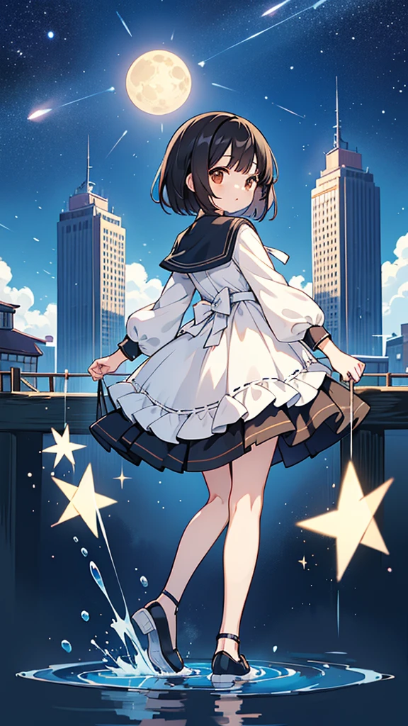 Seven-doppelganger shot,Anime style 4K,High quality anime art style,Standing painting,Splash ink background,Blue Themes、Pure white background,Buildings,Face close-up,Buildings,Moon and sun、Shining Star々,milky way,Bright Sky,Looking at me,Facing forward,Clear eyes and nose,cute,beautiful,Thin legs,Standing by the water,black hair, brown eyes, girl, bob, front, whole body,cute,Blue Background,Shortcuts,Lolita Fashion,Short Bob,Black Hair,Brown Hair