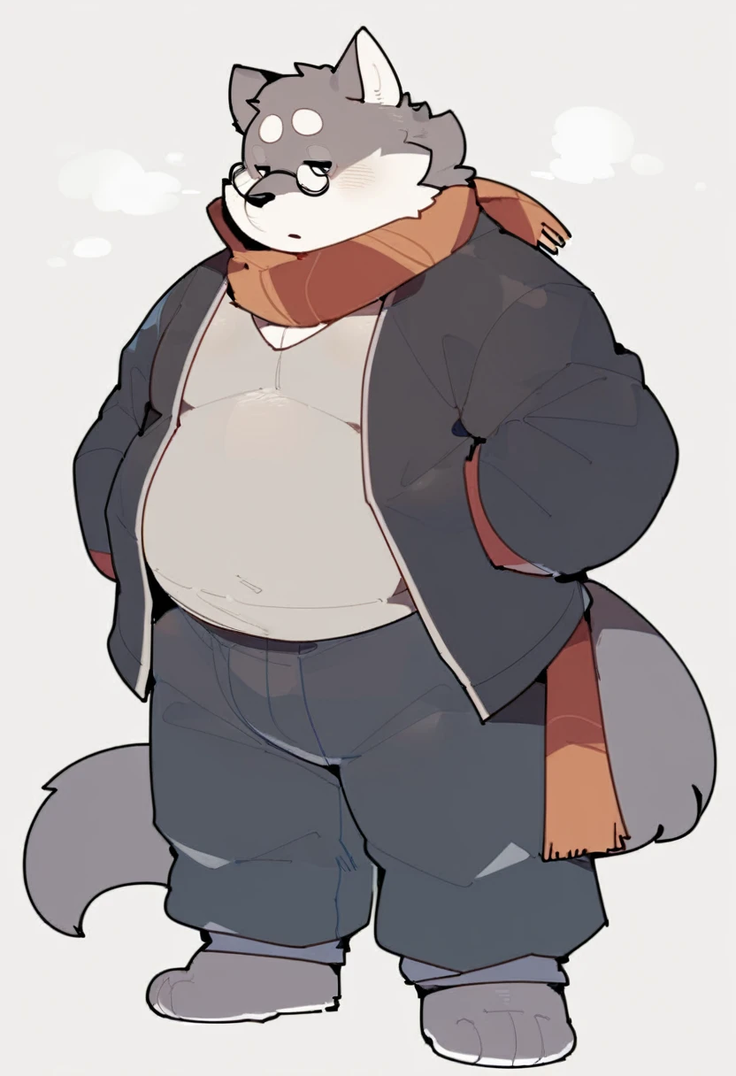 wolf,male,old,have hair,long samurai style hair,Wear a winter coat, wrap a scarf around your neck, put your hands on your hips, wear small round glasses , wear long pants, standing back,solo,anthro,fat,chubby,plump,yaoi,doujin,fullbody,white blank background,by quanjiang,