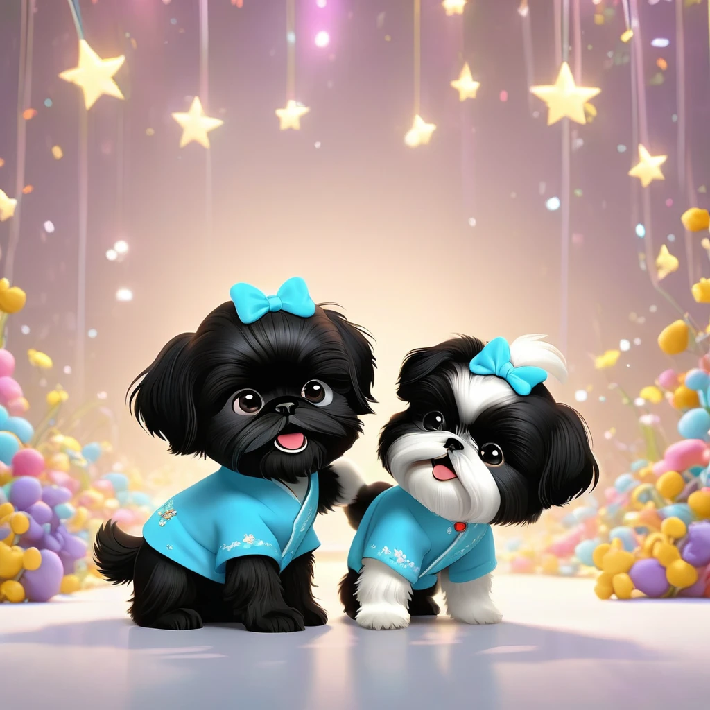 2 Adorable small black Shih Tzu puppies wrestling Disney background 3d cartoon 3d render disney pixar styleundefined, undefined, undefined, undefined,