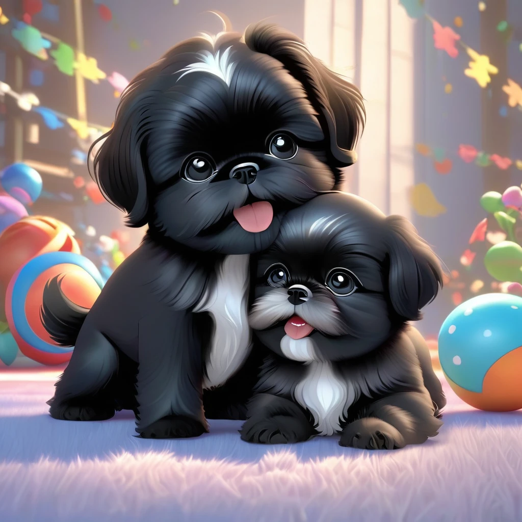 2 Adorable small black Shih Tzu puppies wrestling Disney background 3d cartoon 3d render disney pixar styleundefined, undefined, undefined, undefined, 