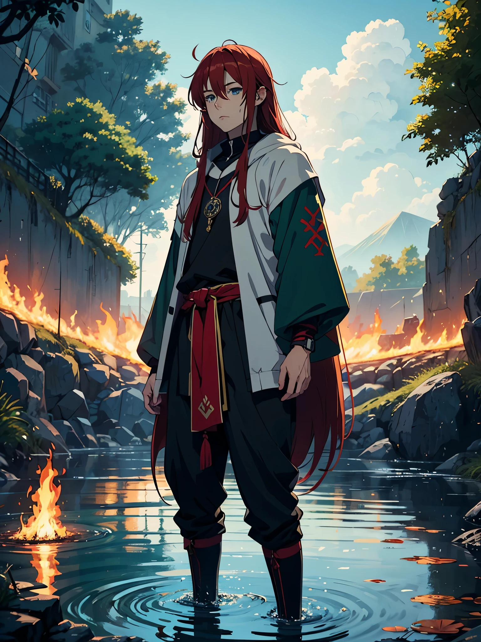 Runesmagie. Runes magie. Runes. 火. green clothes. More anime style. blue flames. 2d. flatter. anime style. Viking clothing. soft. More anime. Standing in a lake. More anime. More 2d. Clean. More anime. 2d. Glow. Red hair. More anime. male. Long hair. long red hair. boy, vikings. red hair. Blue eyes. fire. 