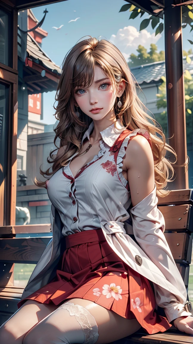 ((((masterpiece, Highest quality, High resolution)))), Extremely detailed 8K, スリムな体を持つsexyな美しい10代の新入社員, (Ultra HD, Very detailed, Very detailed, Very realistic, Ultra-realistic, Photo Real), (One girl:1.5), Blonde, Like a short bob cut, (Dynamic pose), To the camera, A light smile, (Huge breasts: 1.2), (Beautifully detailed face, Beautiful attention to detail), (White sleeveless frilly long coat, A flashy long-sleeved white frilled shirt,The chest buttons are not fastened,The shirt was wide open,Thin material,Grey frilled long skirt, Red emblem printed:1.5), (Pink nipples visible through shirt:1.2), Shine, Sweat, (Light of the sun, sunlight)，sexyな長い脚, naked,Exposed breasts,sexy, blush,Looking up at the sky, Ultra-realisticな広大な風景, photogenic scenery,Sitting on a bench Outdoor Flower Park, Windy Day,Hair blowing in the wind