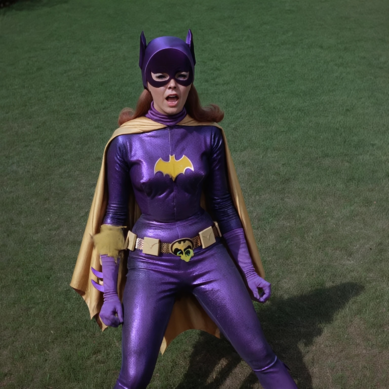 yvonne craig woman, she is desperate, lot of antz over her body. bites her, she is standing in pain with her shoulders shrugged, screaming with her eyes wide open looking to camera, she is in pain, we see her injures, 60's style, analog film, on grass, film grain, medium shot