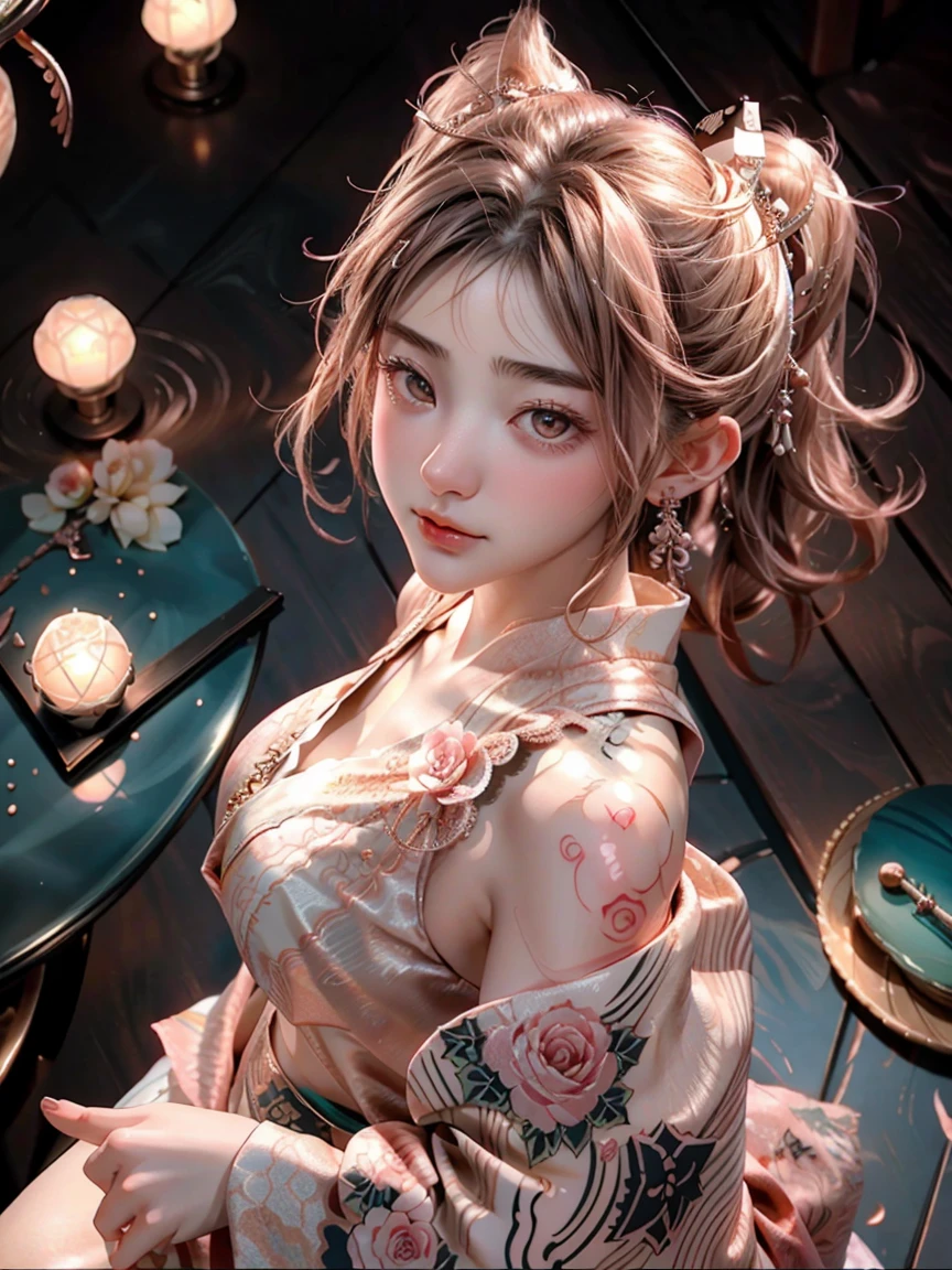 Georgeous, Beautiful, Cutes, Baby Face, 20 Years Old, White Skin, Sleeveless, Cleavage, Large Breast, Large Chests, ((Rose Gold Coloured)) Off Shoulder Japanese Kimono, Lace Kimono, Embroidery Kimono, Muscles, Athletic, Girly, Japanese Vintage Background, Twintails, Hair with Bangs, Open Mouth, Masterpiece, Adorable, Beautiful Large Eye, Dramatic Vintage Lighting, (Yakuza Tattoo), ((Tattooed:1.1)), HDR, Fish Gape Selfie, ((top view))