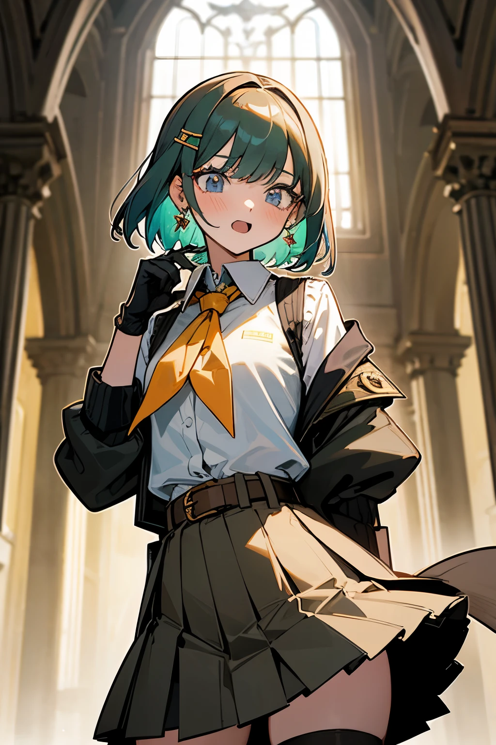 (masterpiece, best quality, absurdres, very detailed eyes), 1girl, solo, solofocus, mint green hair, medium hair, light purple eyes, bangs, closeup, looking at viewer, medieval clothing, ? 1girl 6714356? belt 327538? belt buckle 27141? black belt 42900? black jacket 189820? black thighhighs 325453? blazer 60925? 1698074? brown vest 7701? buckle 40654? collared jacket 10761? collared shirt 366013? cowboy shot 512892? crossed belts 250? determined 1151? earrings 549324? eyelashes 170014? furrowed brow 26618? gloves 1335134? 926192? green gloves 8318? holding 1110451? holding removed eyewear 6965? jacket 809696? jewelry 1062822? lapel pin 1676? lapels 7120? layered sleeves 17111? light blush 54497? long sleeves 1263902? miniskirt 253743? 592580? multiple belts 5543? neckerchief 137441? notched lapels 3022? open clothes 462533? open jacket 194799? open mouth 2527958? orange belt 1420? pleated skirt 447066? 42231? 574491? shirt 1625391? 2341269?1824059? single thighhigh 51100? skirt 1523396? smile 2910694? solo 5211546? 191862? 86668? sweater vest 34454? 499171? thighhighs 1292504? torn clothes 175709? torn thighhighs 10436? unworn eyewear 13216? vest 180710? 1792? 111430? 8267? white shirt 750630? white skirt 81129? wrist belt 354? yellow neckerchief 12176 smiling, hair ornament, hairclip, medieval interior, arches, corinthian columns, coffers, barrel arch, sun rays, hands behind back